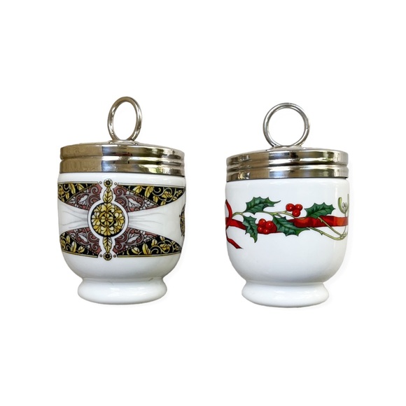 RARE Set of 2 Royal Worcester Egg Coddlers - Holly Ribbons / Renaissance Rosette - Picture 2 of 8
